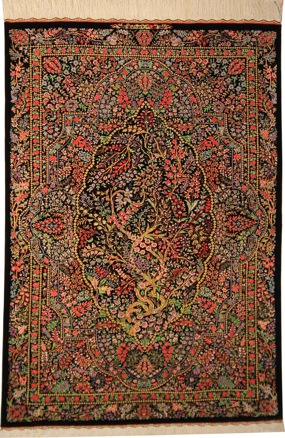 Fine Persian Qume with Signature (Qume Lajavardi) (Traditional -100% Silk on Silk)